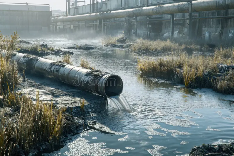 Wastewater pipe discharging grey pollution near viscose (rayon) factories
