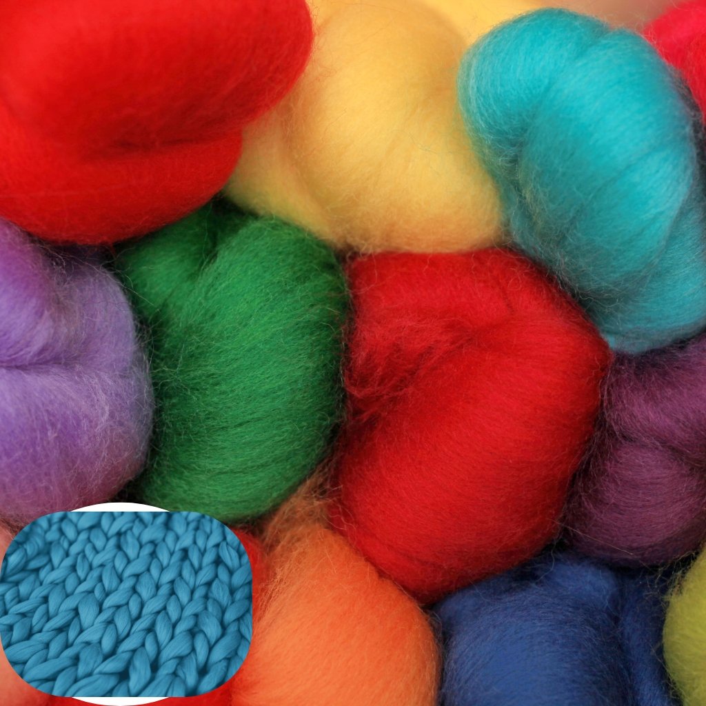 A close-up collage of vibrant, chunky skeins of wool in red, orange, yellow, green, blue, purple, and turquoise, with a small inset showing a bright blue knitted fabric.