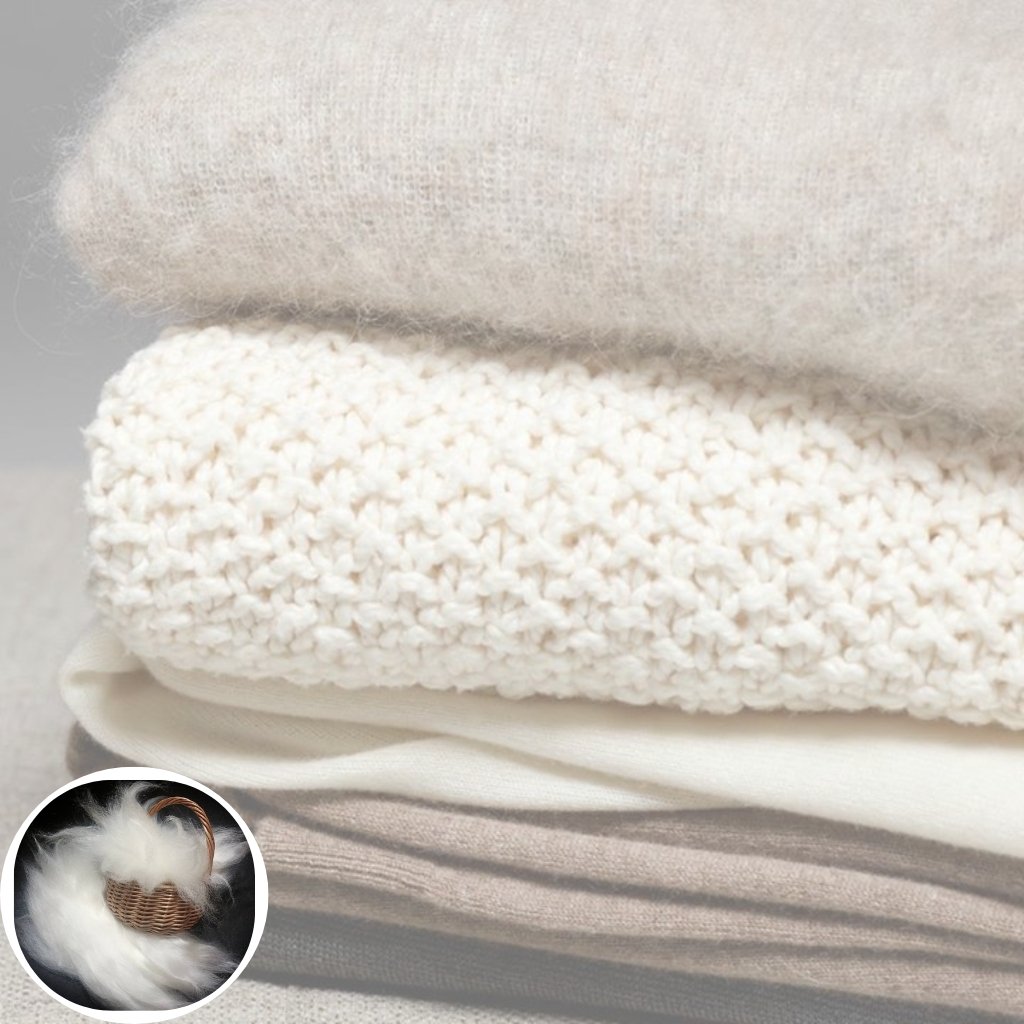 A soft, cream-colored stack of fluffy fabrics, including a fuzzy wool blanket on top and a chunky knit white textile beneath, with a small inset image of a white feathered basket in the corner.
