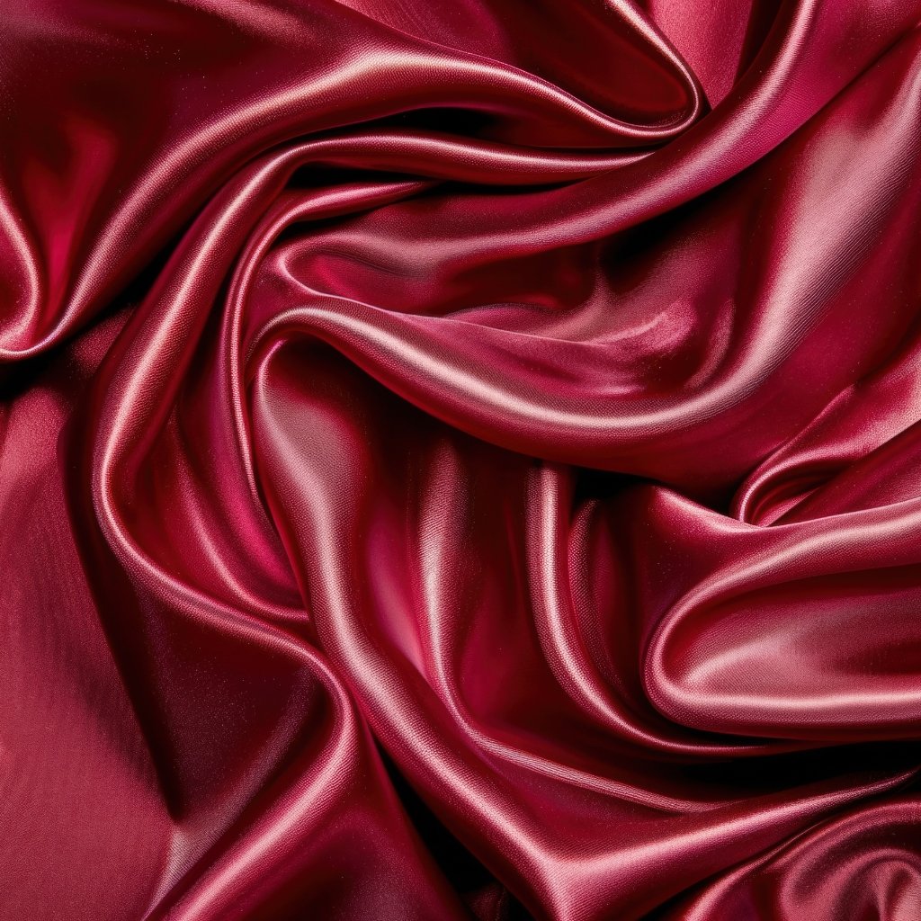 Close-up of luxurious, glossy satin fabric in rich burgundy with smooth, flowing folds and sheen.