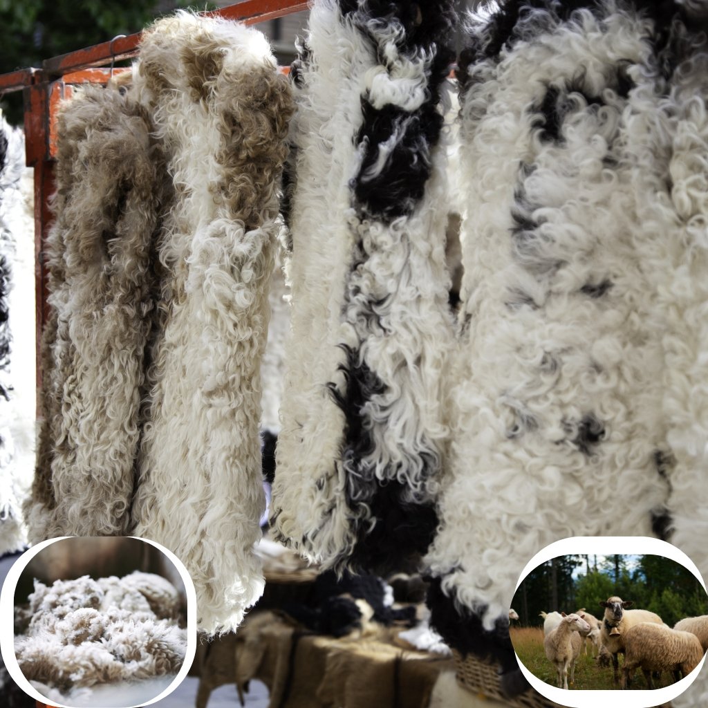 Sheep Wool Clothing: Natural Warmth and Timeless Style 11 Rows of fluffy wool strands hanging to dry in various beige, white, and black colors; small circular insets show close-ups of wool and sheep in a field.