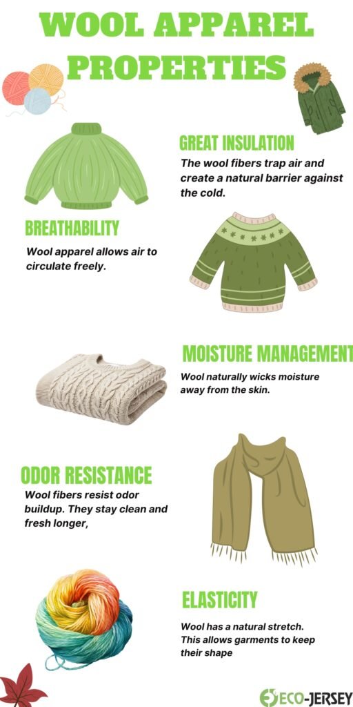 Infographic titled 'Wool Apparel Properties' showing icons for breathability, great insulation, moisture management, odor resistance, elasticity, with images of yarn, a knit sweater, scarf, rolled wool, and a coat.