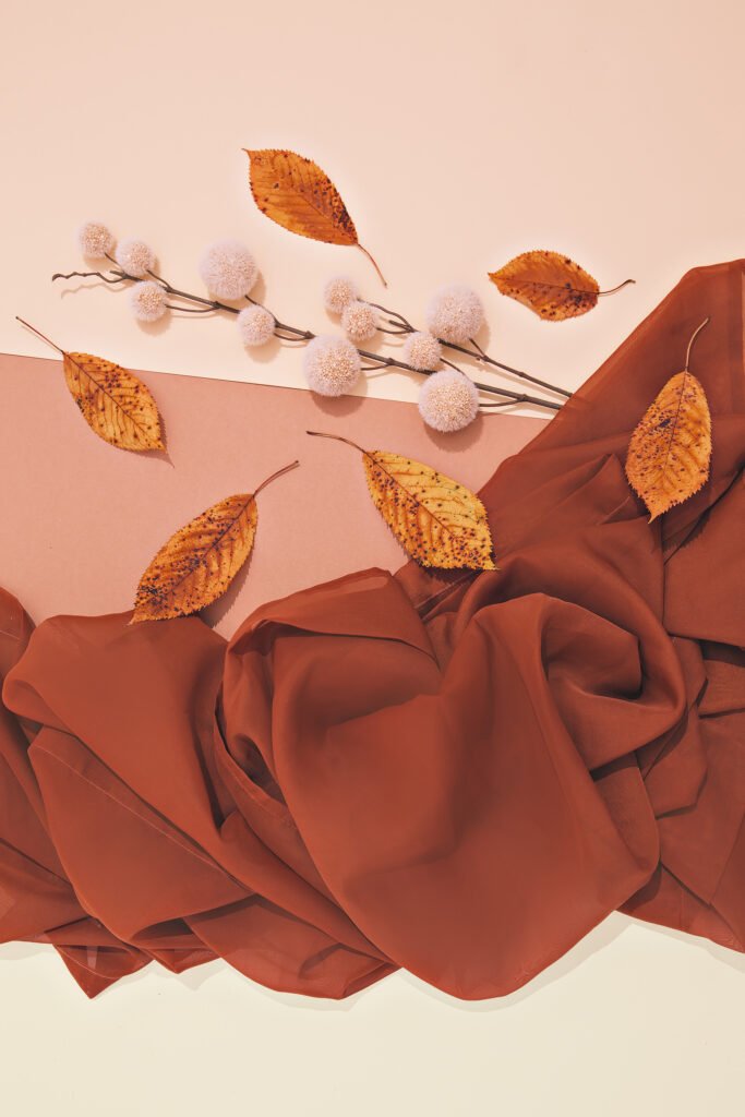 A soft, autumn-inspired flat lay featuring warm terracotta fabric draped across a pale background, with orange-brown leaves and white fluffy seed pods arranged along a branch.