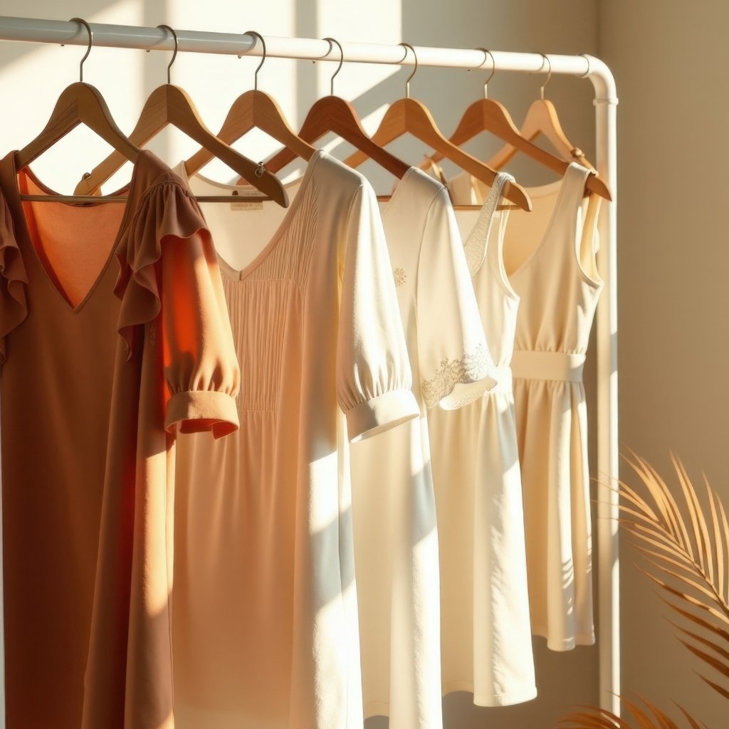 Dimity Cotton Fabric: Soft, Durable, and Timeless Choice 8 A row of light-colored dresses hanging on wooden hangers along a metal clothing rack, with soft sunlight casting gentle shadows.