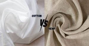 Comparison of percale cotton vs hemp fabrics with labels 'COTTON' vs 'HEMP