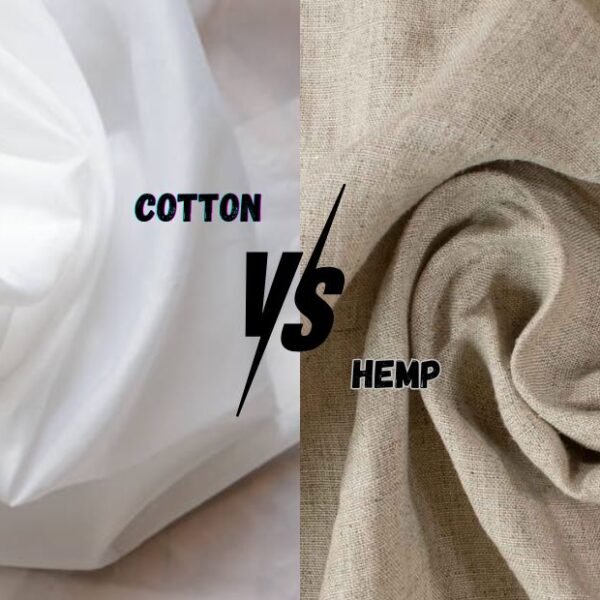 Comparison of percale cotton vs hemp fabrics with labels 'COTTON' vs 'HEMP