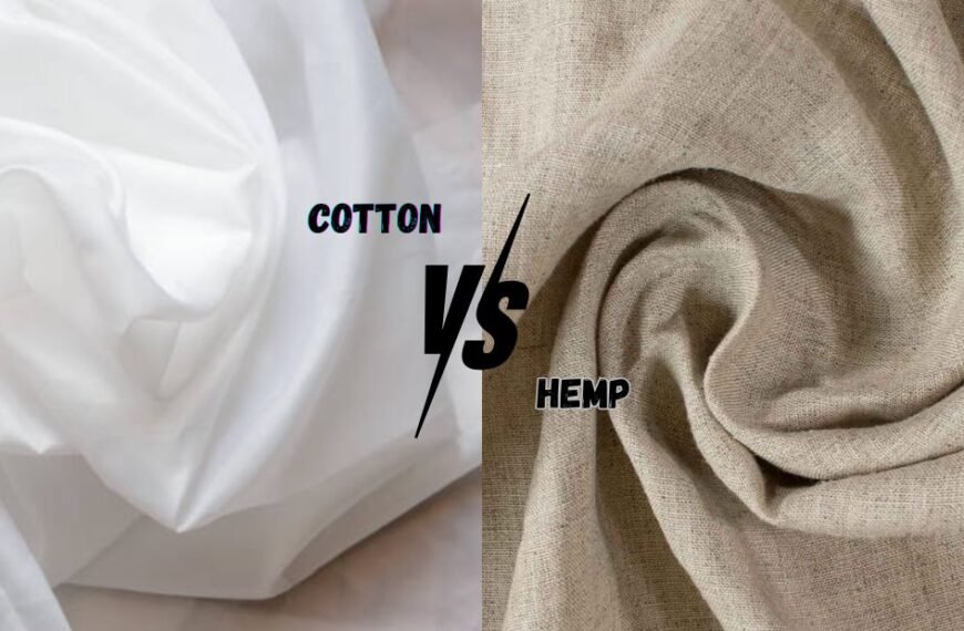 Comparison of percale cotton vs hemp fabrics with labels 'COTTON' vs 'HEMP