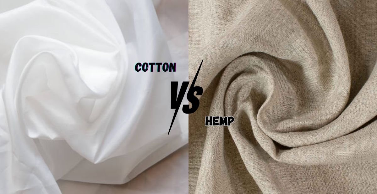 Comparison of percale cotton vs hemp fabrics with labels 'COTTON' vs 'HEMP