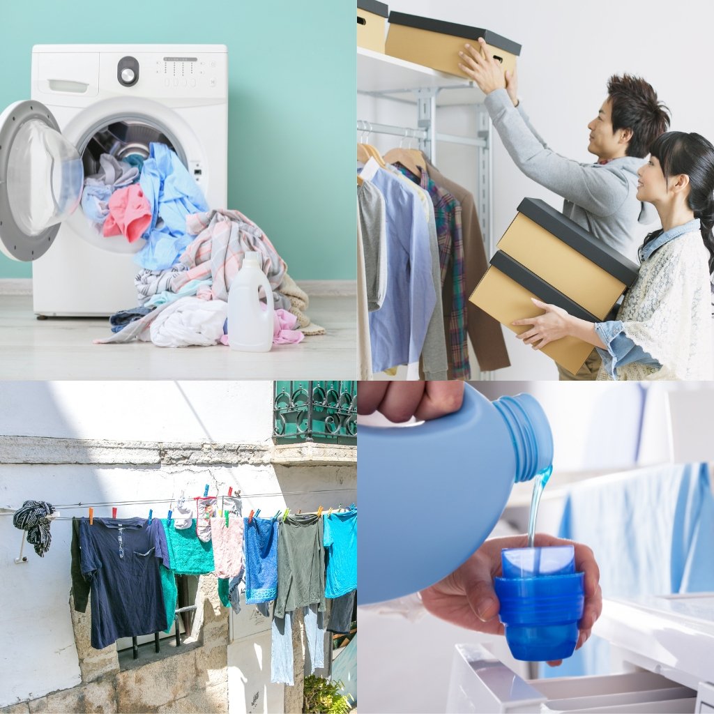 Why Seersucker Cotton Fabric Is Perfect for Summer Outfits 17 A four-panel collage: washing machine with laundry spilling out on the floor, a couple carrying and placing boxes in a closet, clothes hanging on a clothesline outdoors, and a person pouring blue liquid into a reusable cup.