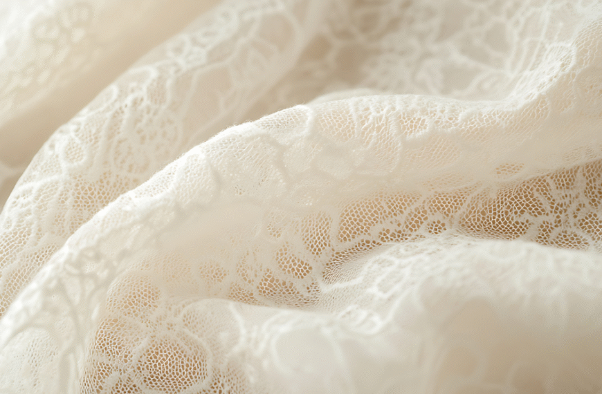 Close-up view of delicate white lace fabric with intricate floral patterns and soft, flowing folds.
