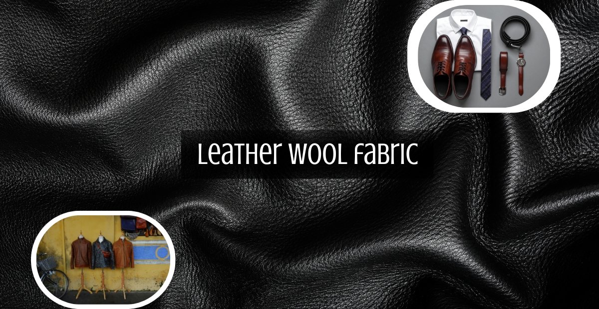 A black leather-wool fabric texture as the background with two inset circular images: one showing leather garments on a clothes rack and another showing a men's dress shirt, tie, belt, and shoes; the text 'Leather wool fabric' is centered across the middle.