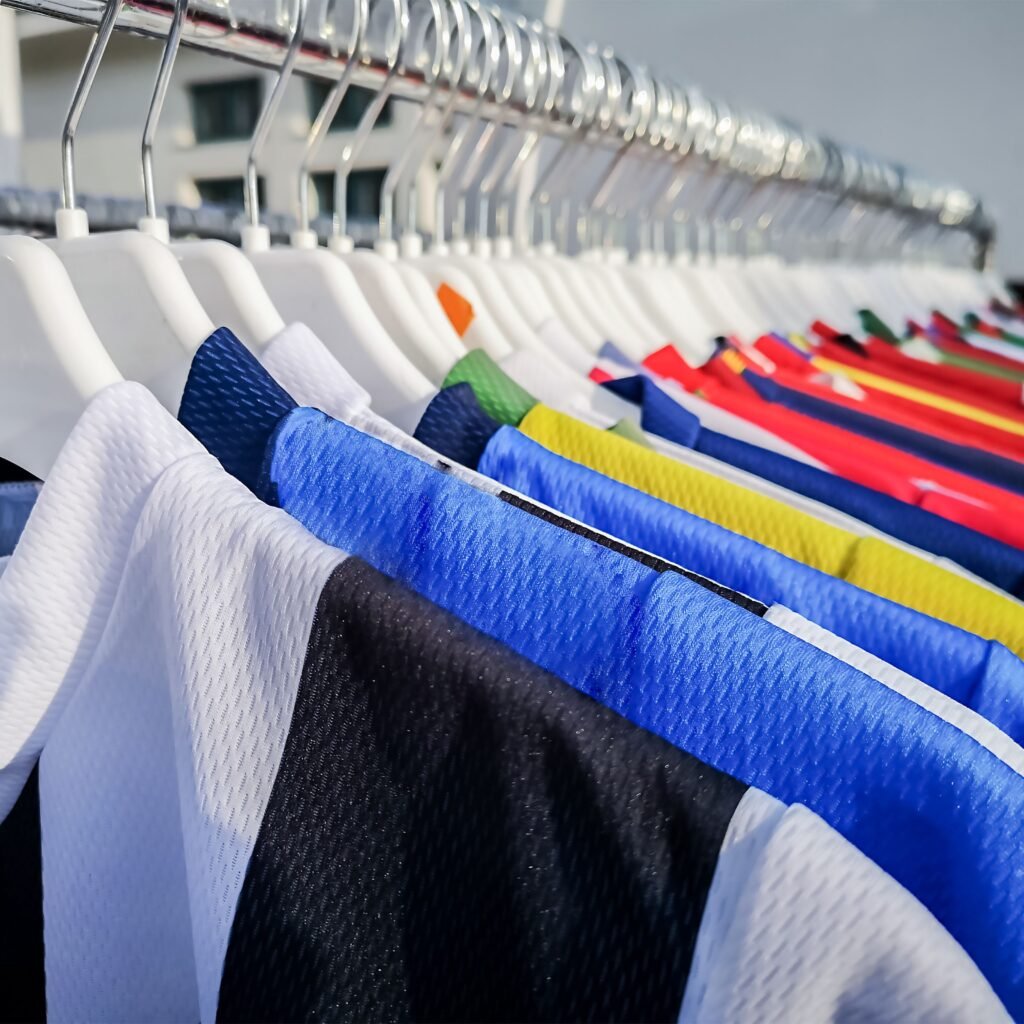 A row of colorful nylon sports uniforms hanging on white hangers along a metal rack, displaying textures and a variety of colors from white and black to blue, green, yellow, and red.