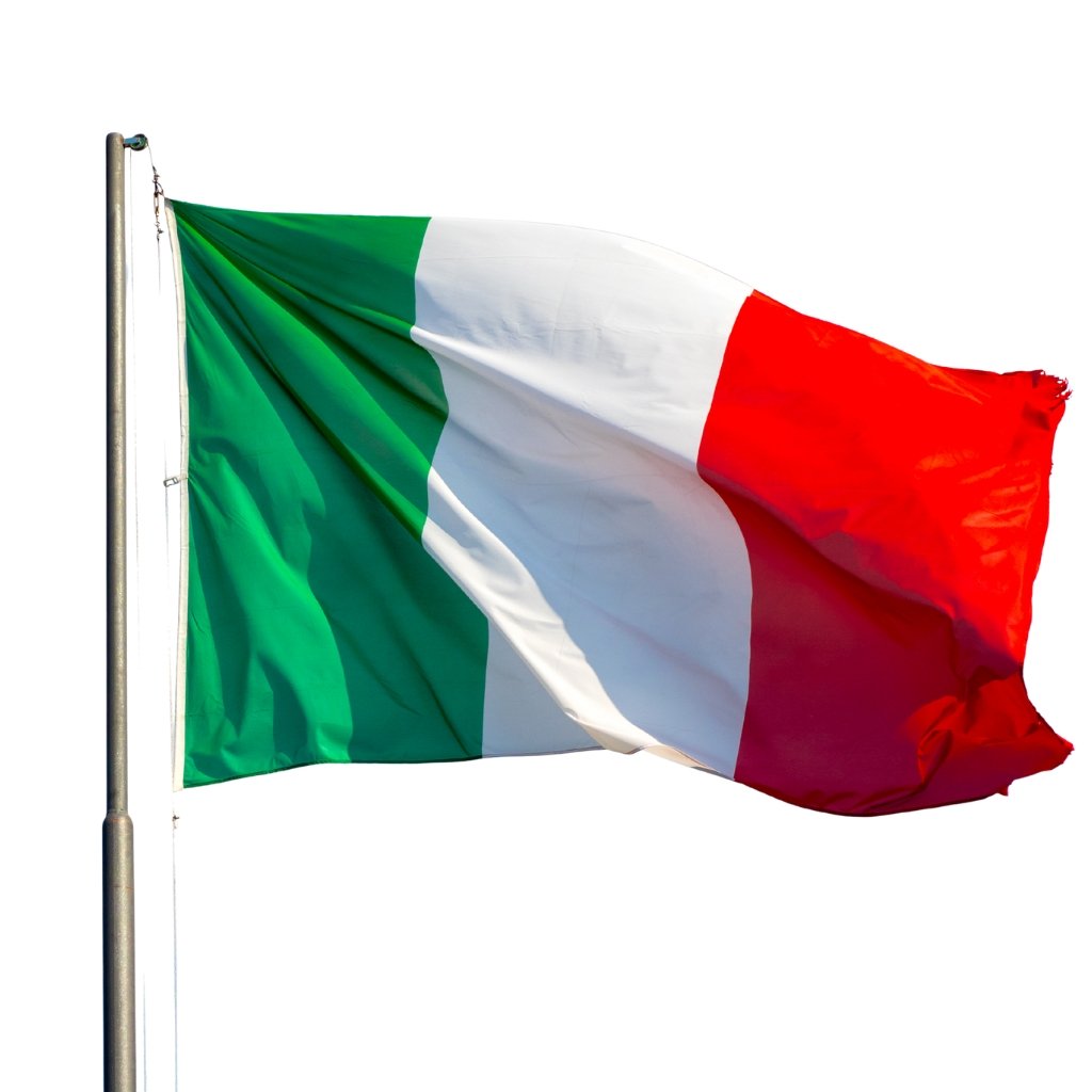 Flag of Italy waving on a flagpole against a white background.

