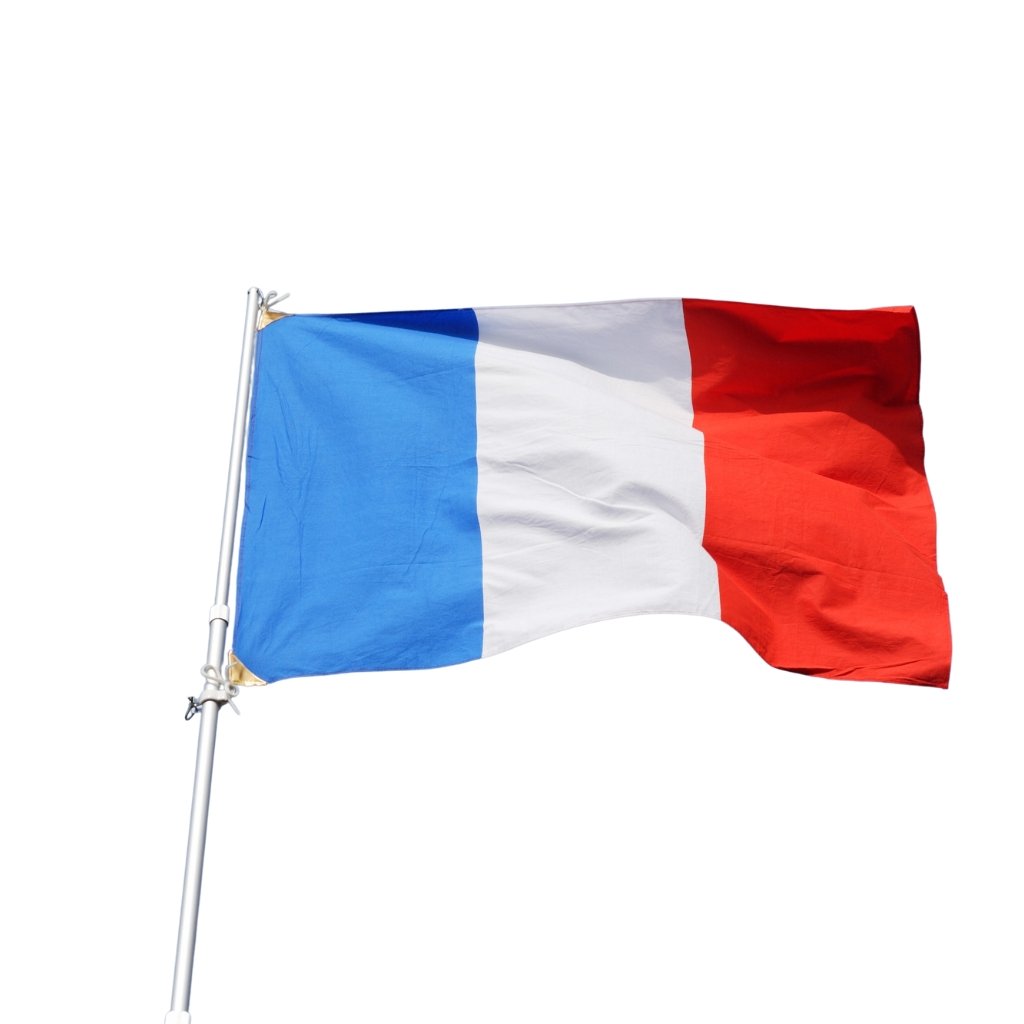 French flag waving on a flagpole against a white background.