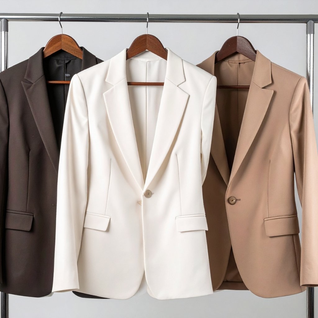 A row of three blazers on hangers: dark brown on the left, ivory white in the center, and light tan/beige on the right, hanging on a metal clothing rack.