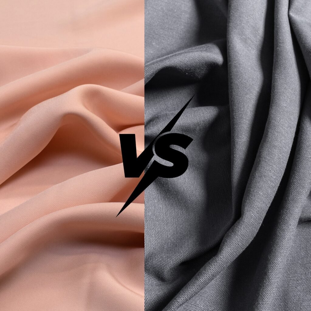 A split fabric image with soft pink fabric on the left and gray fabric on the right, featuring a bold “VS” symbol in the center.