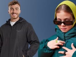 Two people wearing winter outerwear: a man in a black hooded jacket smiling, and a woman in a teal puffer jacket with a green knit hood and sunglasses adjusting her coat.Waterproof or Water-Resistant Puffers