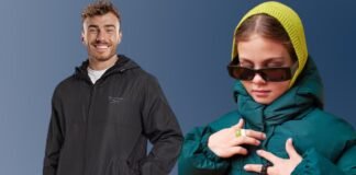 Waterproof or Water-Resistant Puffers: What You Should Know Two people wearing winter outerwear: a man in a black hooded jacket smiling, and a woman in a teal puffer jacket with a green knit hood and sunglasses adjusting her coat.Waterproof or Water-Resistant Puffers