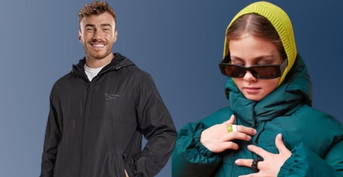 Two people wearing winter outerwear: a man in a black hooded jacket smiling, and a woman in a teal puffer jacket with a green knit hood and sunglasses adjusting her coat.Waterproof or Water-Resistant Puffers