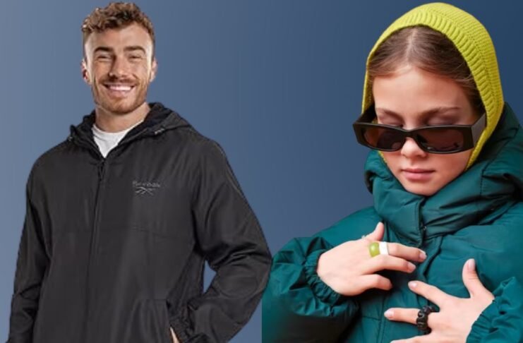 Two people wearing winter outerwear: a man in a black hooded jacket smiling, and a woman in a teal puffer jacket with a green knit hood and sunglasses adjusting her coat.Waterproof or Water-Resistant Puffers