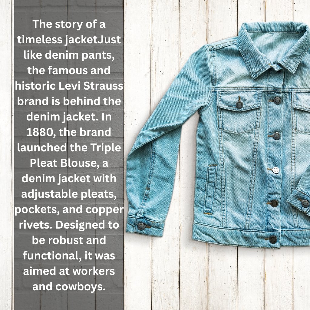 Denim jacket laid on white wooden floor next to a vertical dark panel with white text describing Levi Strauss' Triple Pleat Blouse and the history of the brand.