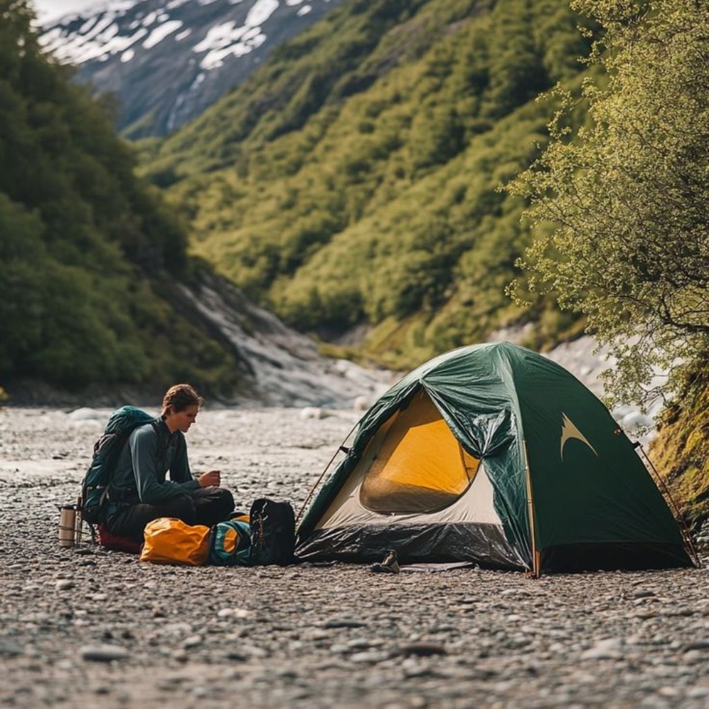 A person with a backpack sits on a rocky riverbank next to a green tent in a mountainous campsite.