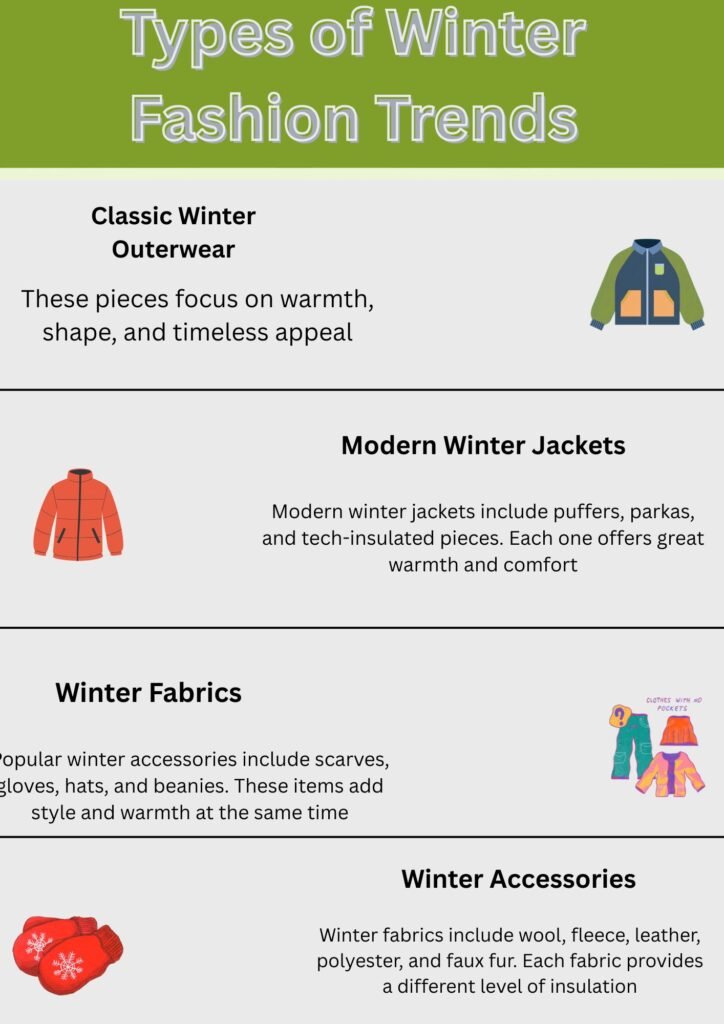History of Winter Fashion Trends and How They Evolved Today! 15 Infographic titled “Types of Winter Fashion Trends” featuring sections on classic outerwear, modern winter jackets, winter fabrics, and winter accessories with simple illustrated icons.History of winter Fashion Trends