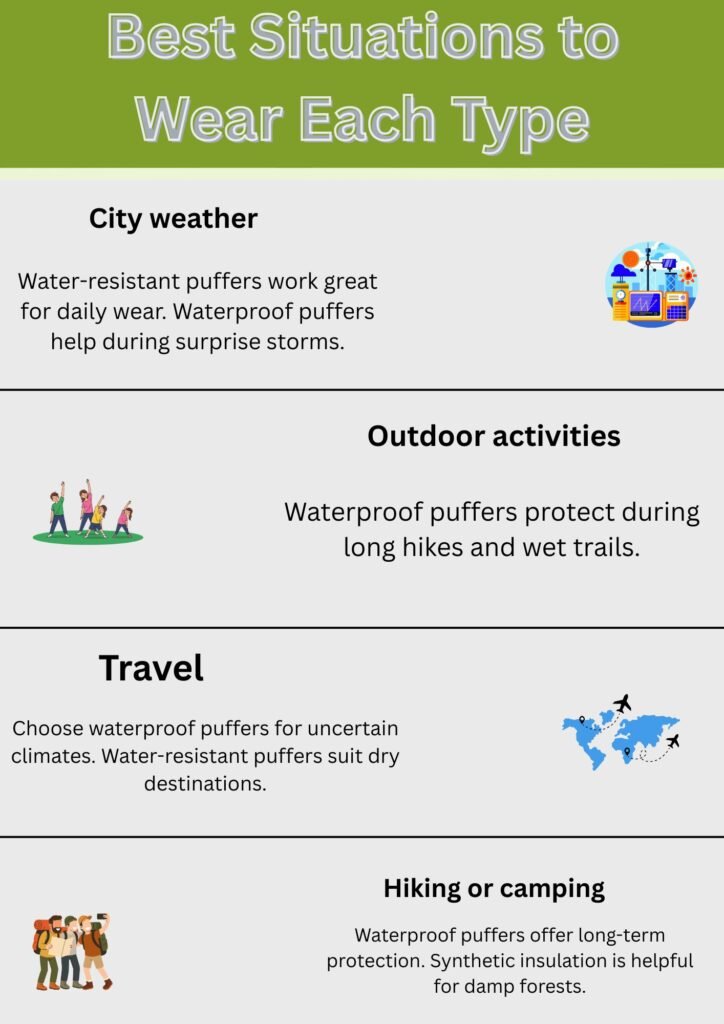 Waterproof or Water-Resistant Puffers: What You Should Know 22 “Infographic titled ‘Best Situations to Wear Each Type’ explaining when to use water-resistant vs. waterproof puffer jackets, with sections for city weather, outdoor activities, travel, and hiking or camping, accompanied by small illustrative icons.”Waterproof or Water-Resistant Puffers