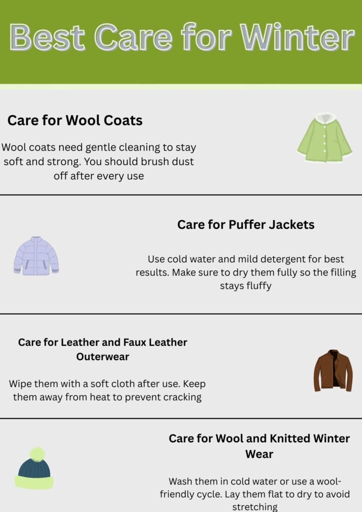 History of Winter Fashion Trends and How They Evolved Today! 13 “Winter garment care tips infographic showing wool coat care, puffer jacket care, leather outerwear maintenance, and knitted winter wear washing instructions with icons.”History of Winter Fashion Trends