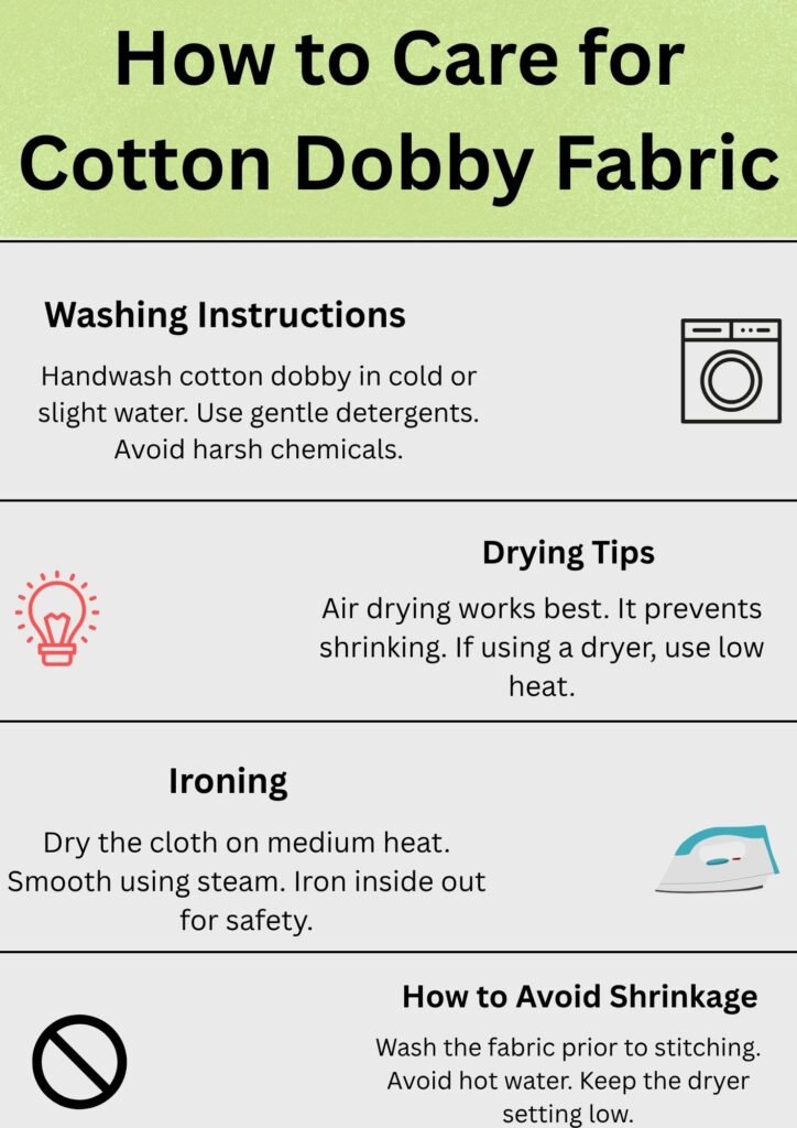 An infographic titled “How to Care for Cotton Dobby Fabric,” showing washing, drying, ironing, and shrinkage-prevention tips, created for an article discussing topics like does polyester make you sweat compared to cotton fabrics.What Is Cotton Dobby Fabric?
