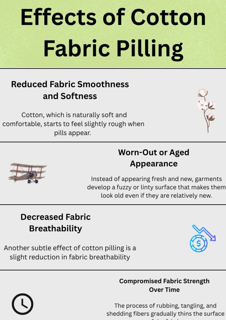 Alt Text:
Infographic titled “Effects of Cotton Fabric Pilling” explaining how cotton pilling affects fabric texture, appearance, breathability, and strength. The visual relates to textile comfort and raises the question, “does polyester make you sweat” when comparing fabric performance.Does Cotton Fabric Pill

Caption:
This infographic on the “Effects of Cotton Fabric Pilling” highlights how cotton loses softness, breathability, and durability over time—offering insight into natural fibers and inviting comparison to synthetic options, such as asking, “does polyester make you sweat?”

Description:
The image presents an educational infographic titled “Effects of Cotton Fabric Pilling.” It describes four main impacts: reduced smoothness and softness, a worn-out or aged appearance, decreased fabric breathability, and compromised fabric strength over time. Each section is paired with relevant icons and visuals to enhance understanding. The design uses a soft green and gray background with clear typography. The content encourages readers to think about how fabric choices affect comfort, leading to the broader discussion of “does polyester make you sweat” compared to cotton’s natural feel and performance.