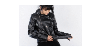 Biker Jacket: Classic Style With Bold Attitude For Look Close-up of a person wearing a black leather biker jacket adorned with silver star patches; the zipper is partially open and the person is pulling at the belt at the waist.