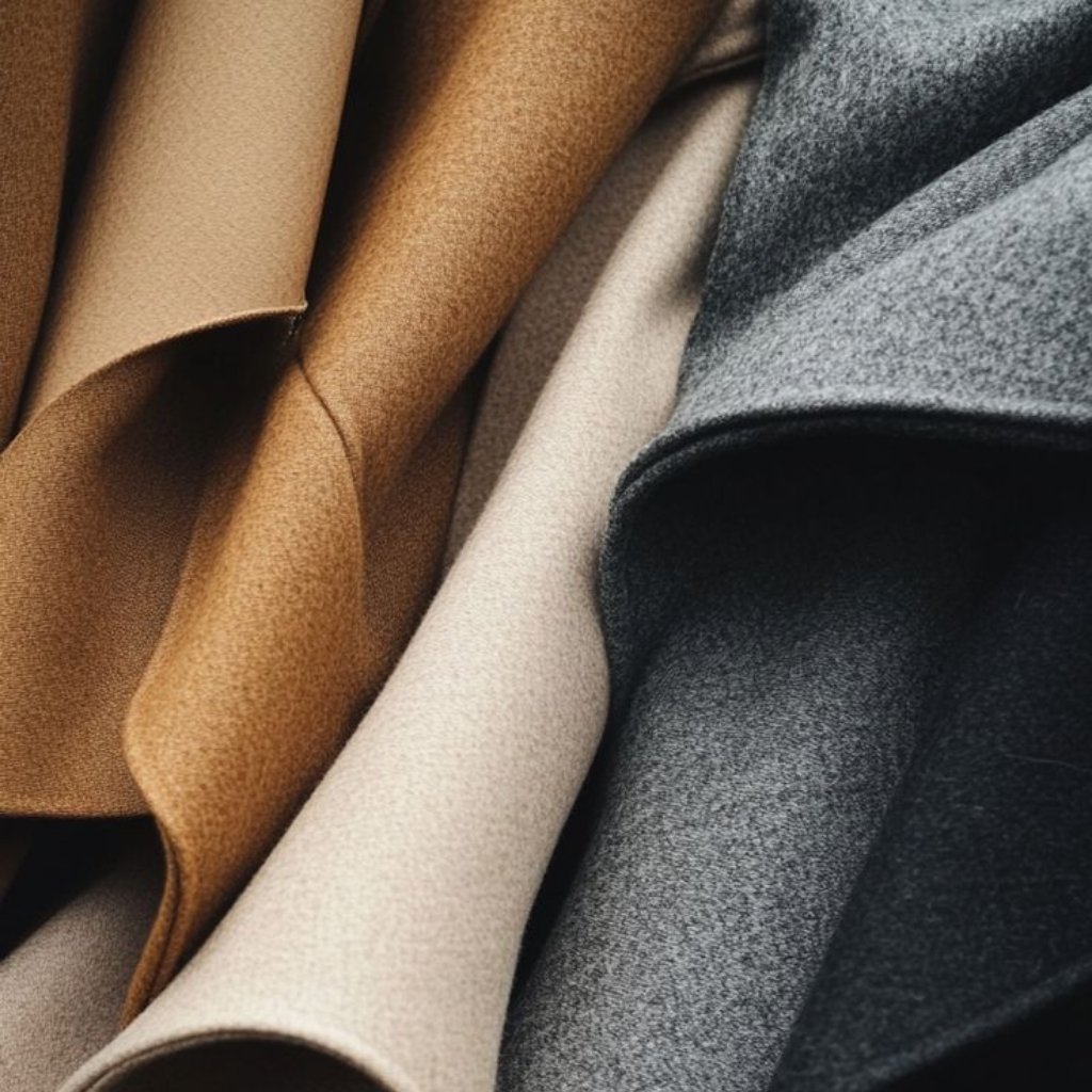 Felted Merino Fabric: Premium Softness for Cozy Elegance 11 A close-up view of folded fabric rolls in neutral tones—camel, beige, gray, and black—layered in a soft, textured composition.