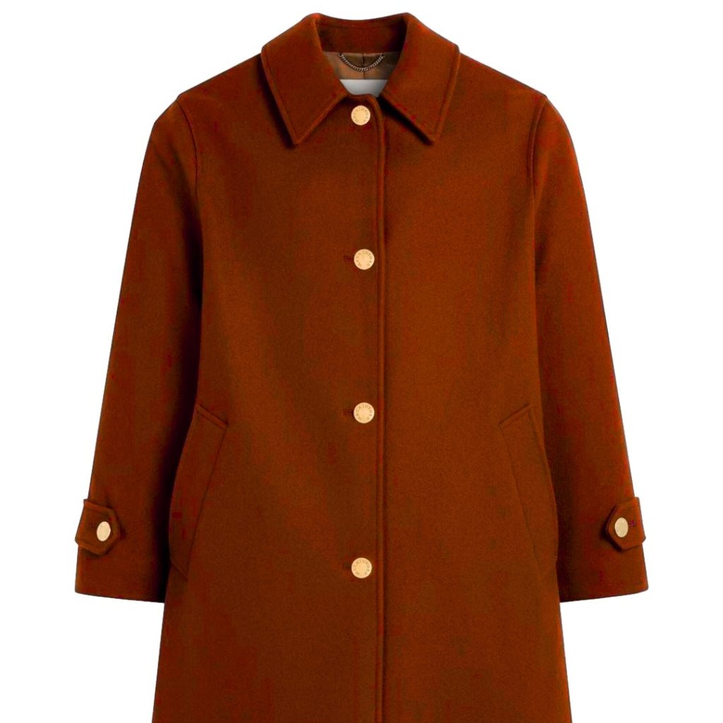 A brown knee-length coat with large gold buttons, a classic collar, and flap pockets. The sleeves have strap cuffs with gold buttons.