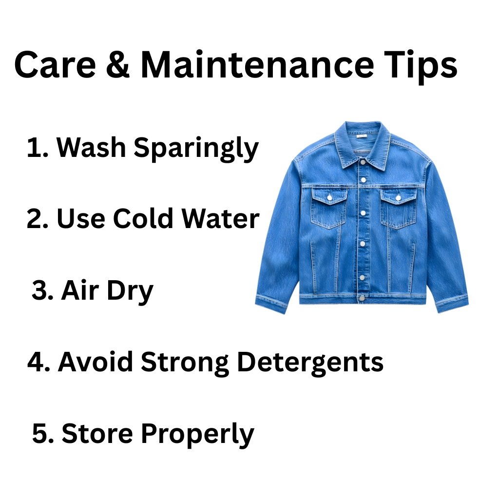 Title slide reading ‘Care & Maintenance Tips’ with a blue denim jacket image on the right and a numbered list of tips on the left: 1. Wash Sparingly, 2. Use Cold Water, 3. Air Dry, 4. Avoid Strong Detergents, 5. Store Properly.