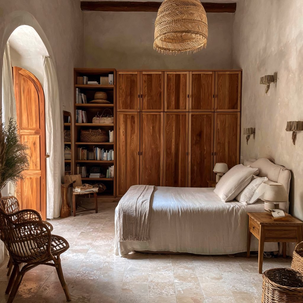 A warmly lit, rustic bedroom with a large wooden wardrobe, a bed with neutral linens, woven chairs, and a tall bookshelf against the wall.
