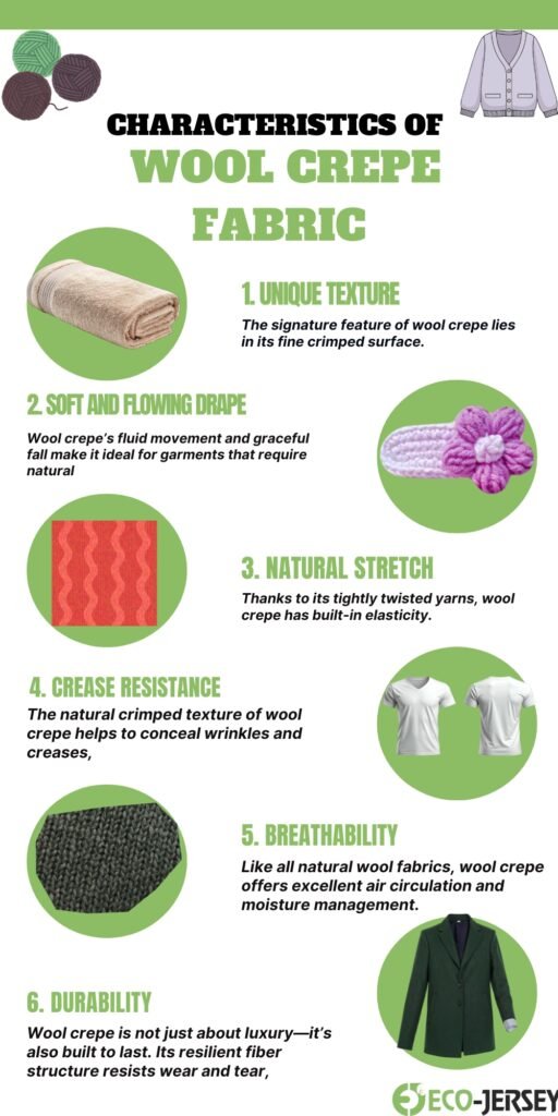 Infographic titled 'Characteristics of Wool Crepe Fabric' with numbered sections and circular images showing texture, drape, elasticity, wrinkle concealment, breathability, and durability; includes small clothing icons.