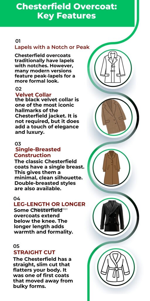 Infographic titled 'Chesterfield Overcoat: Key Features' with five labeled features: Lapels with a notch or peak, Velvet collar, Single-breasted construction, Leg-length or longer, Straight cut. Each feature has a short description and circular illustration icons on the right.