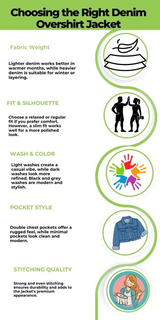 An infographic titled “Choosing the Right Denim Overshirt Jacket” with green accents. It features five sections: Fabric Weight (illustration of layered fabric), FIT & SILHOUETTE (silhouetted figures), WASH & COLOR (colorful handprints), POCKET STYLE (blue denim jacket), and STITCHING QUALITY (woman sewing). Each section contains a brief explanatory paragraph about the tip.