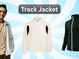 Three track jackets displayed against a blue spiral background with the text ‘Track Jacket’ at the top. Classic Track Jacket