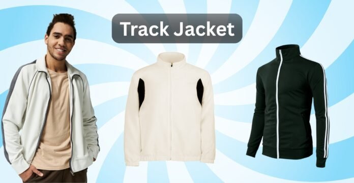 Three track jackets displayed against a blue spiral background with the text ‘Track Jacket’ at the top. Classic Track Jacket