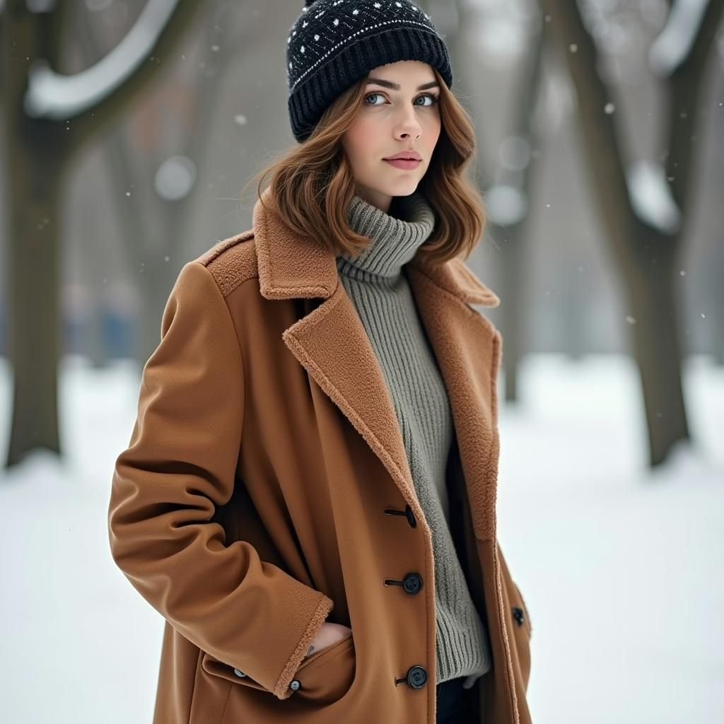 Topcoat Jackets Stylish Outerwear for a Sharp Seasonal Look 18 A stylish woman stands in a snowy outdoor setting, wearing a camel wool coat with a shearling collar, a gray turtleneck sweater, and a black knit beanie. Snowflakes fall around her.