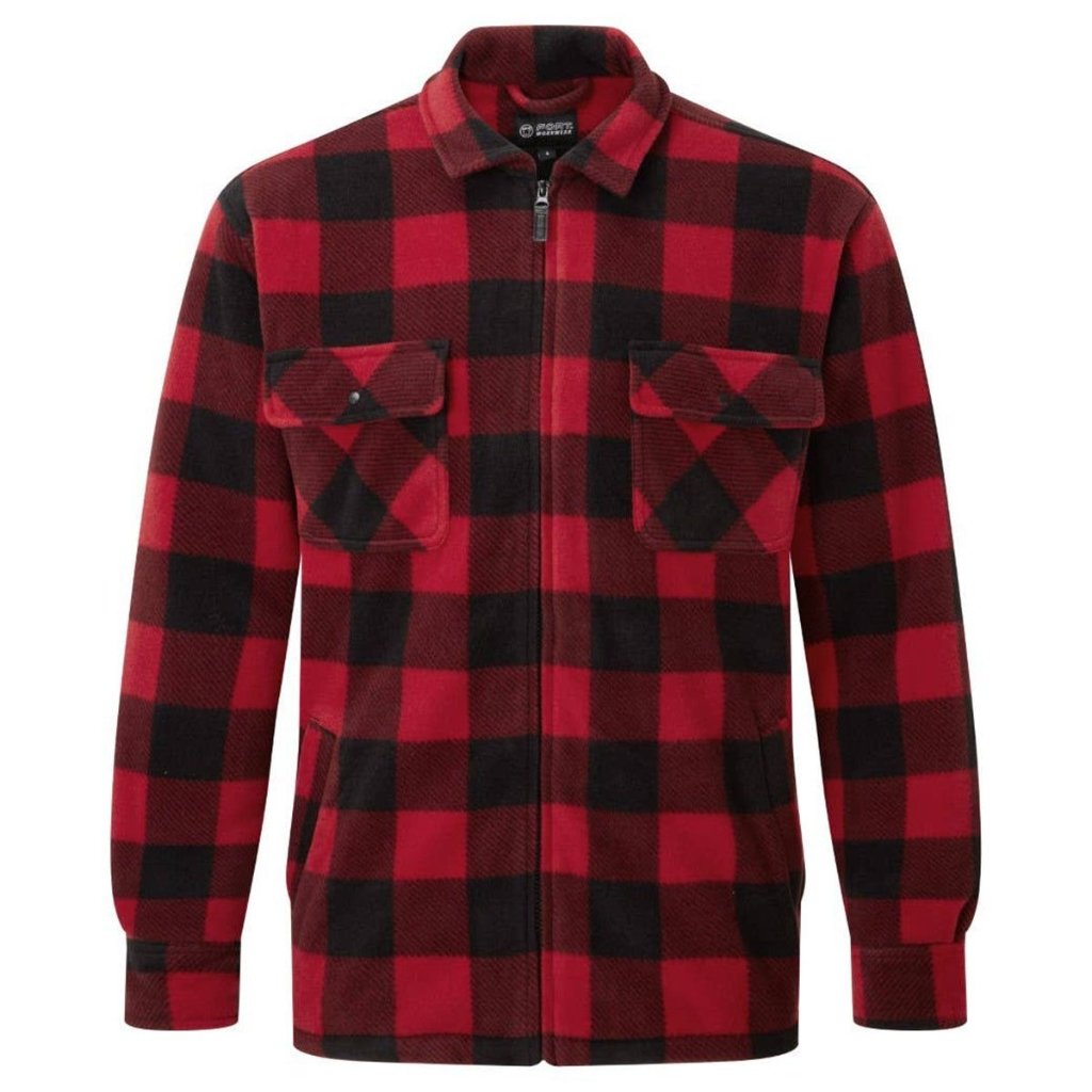 A red and black plaid zip-front flannel jacket with two chest pockets and ribbed cuffs