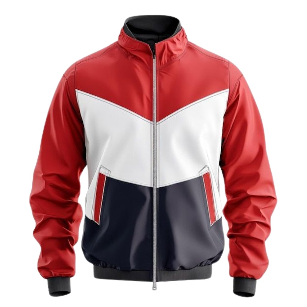 A bold color-blocked bomber jacket with a red upper section, white chevron panel, and navy lower panel. It features a full front zipper, red sleeves, black cuffed wrists, and a black waistband.