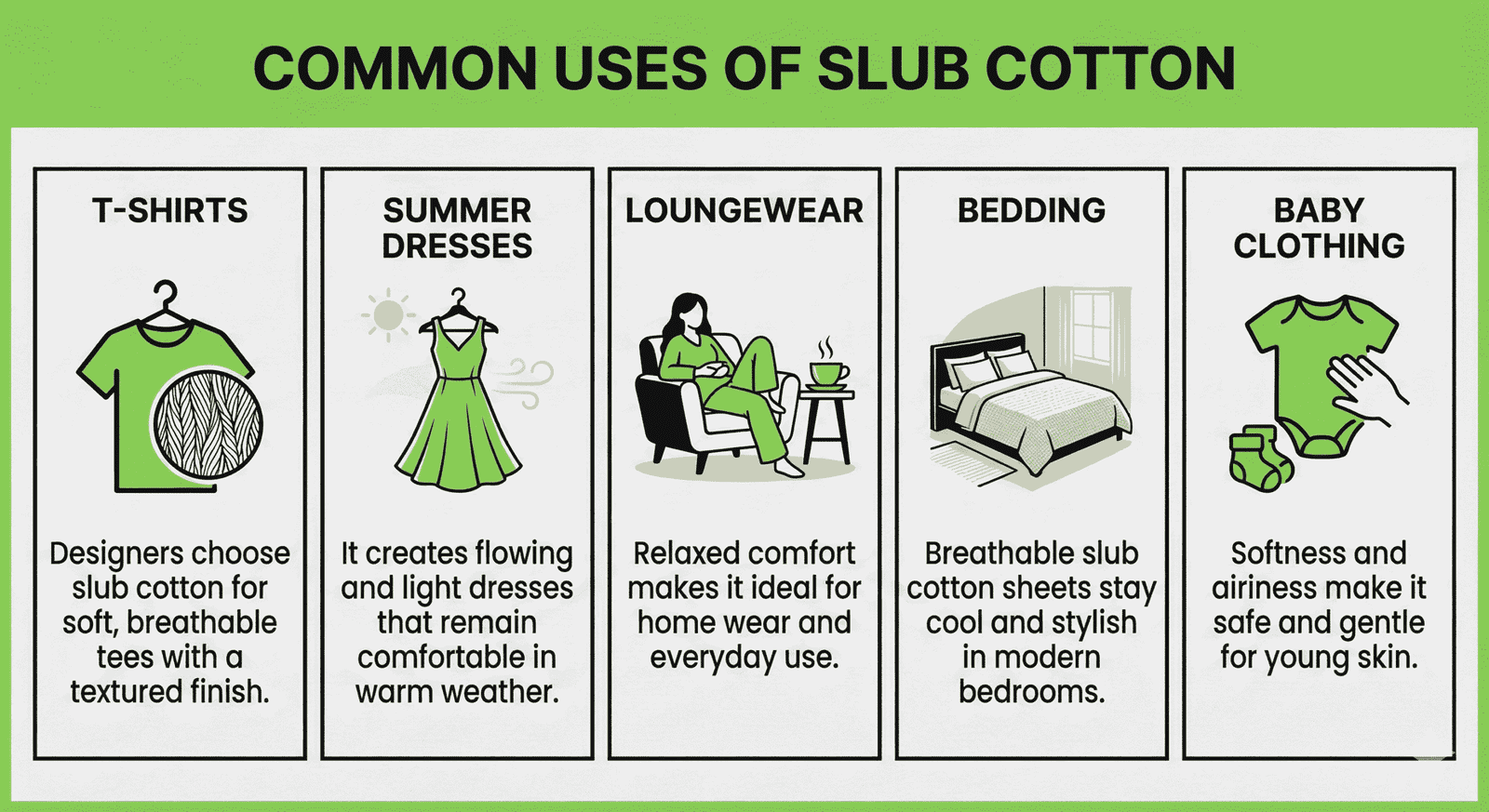 Infographic showing common uses of slub cotton 