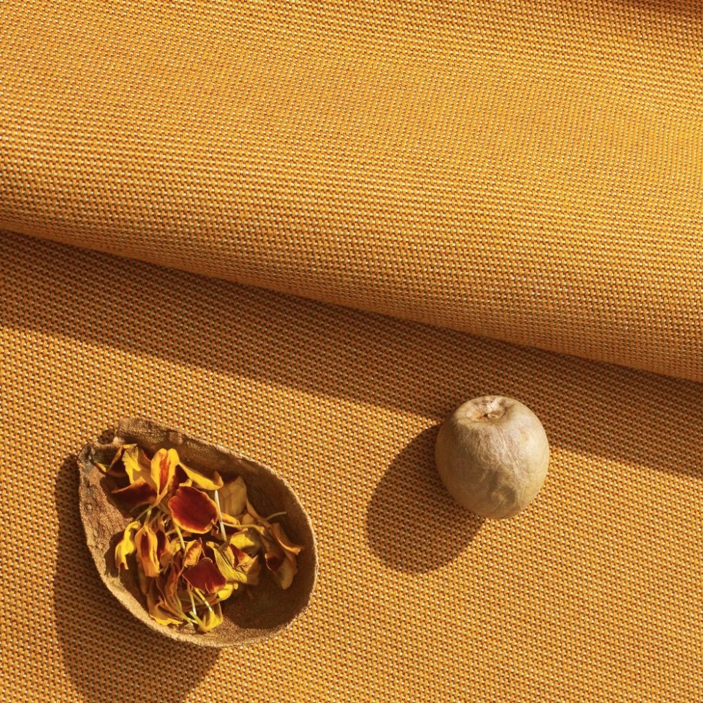 A close-up view of a mustard-yellow woven fabric with a rolled edge, featuring a small cracked shell filled with dried petals and a round beige button or bead resting on the surface.