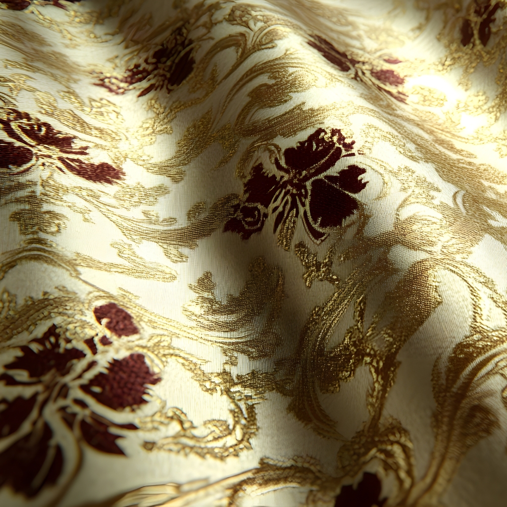 Close-up of luxurious brocade fabric with gold and burgundy floral and scroll patterns, showing a shimmering, textured weave.