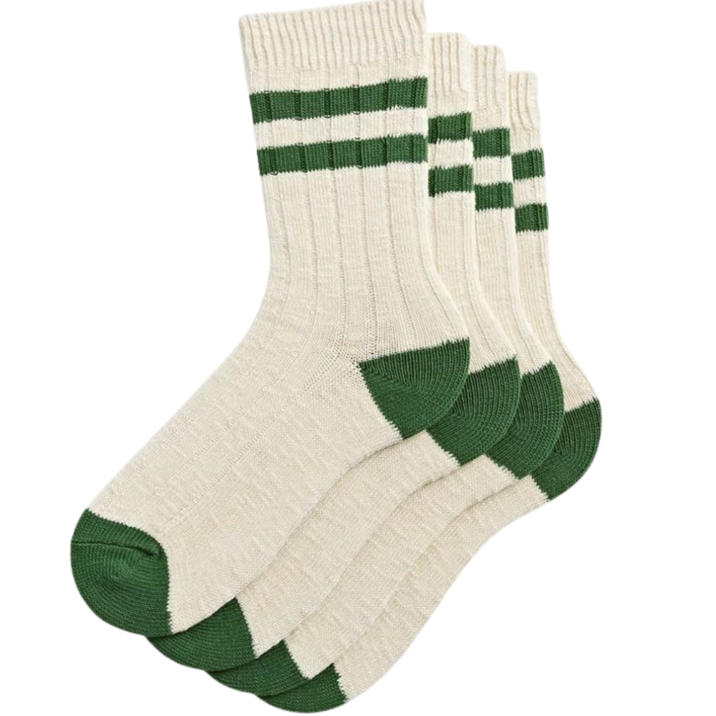 Cream-colored crew socks with green toe and heel, featuring two green stripes near the top and a green checker pattern detail on the ankle.