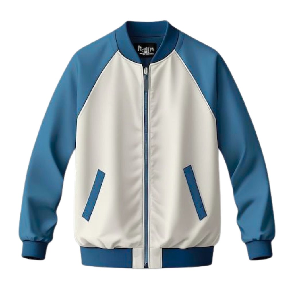 Lightweight color-block bomber jacket with blue sleeves and trim, white front panel, zip front, and two blue diagonal pockets.