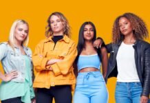 Designer Track Jacket: Your Ultimate Guide to Luxury Style. Four women standing against a solid orange background, posing confidently; they wear casual, colorful outfits including denim jackets, a bright orange utility jacket, a blue crop top with matching blue pants, and a black leather jacket. Designer Track Jacket